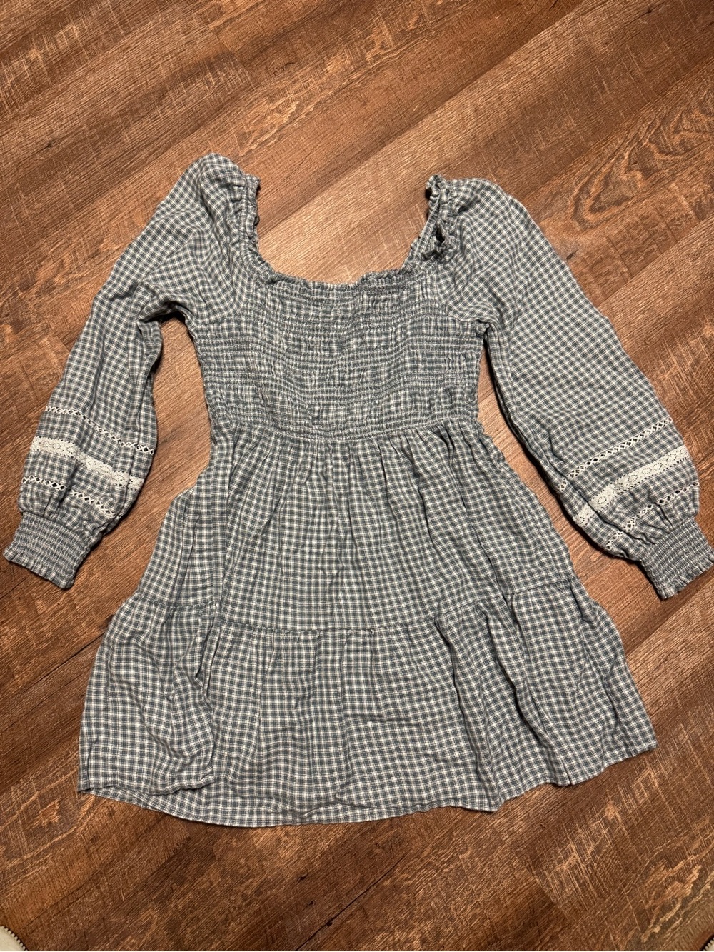 American Eagle Blue Gingham Plaid Smocked Dress Squared Neck Puff Sleeves Sz Lrg